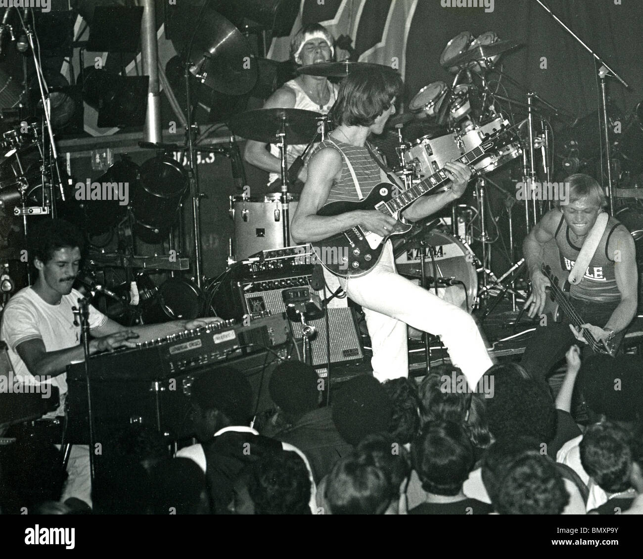 LEVEL 42 UK Group bei Rock City, Nottingham, August 1982 mit Mark King auf der rechten Seite. Foto Robin Ridley Stockfoto