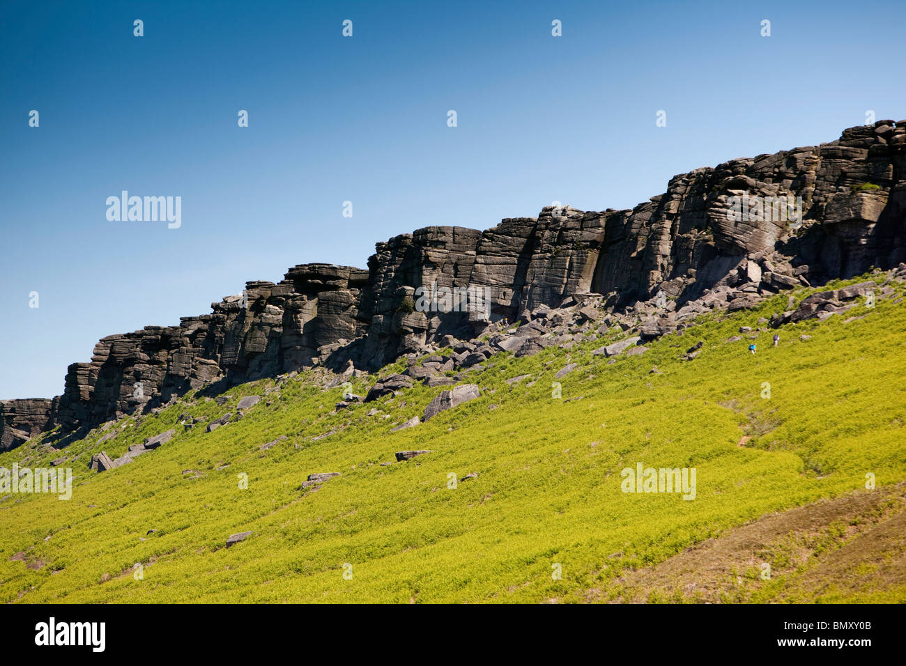 UK, Derbyshire, Peak District, Hathersage, Hallam Moors, Bergsteiger auf Stanage Edge Stockfoto
