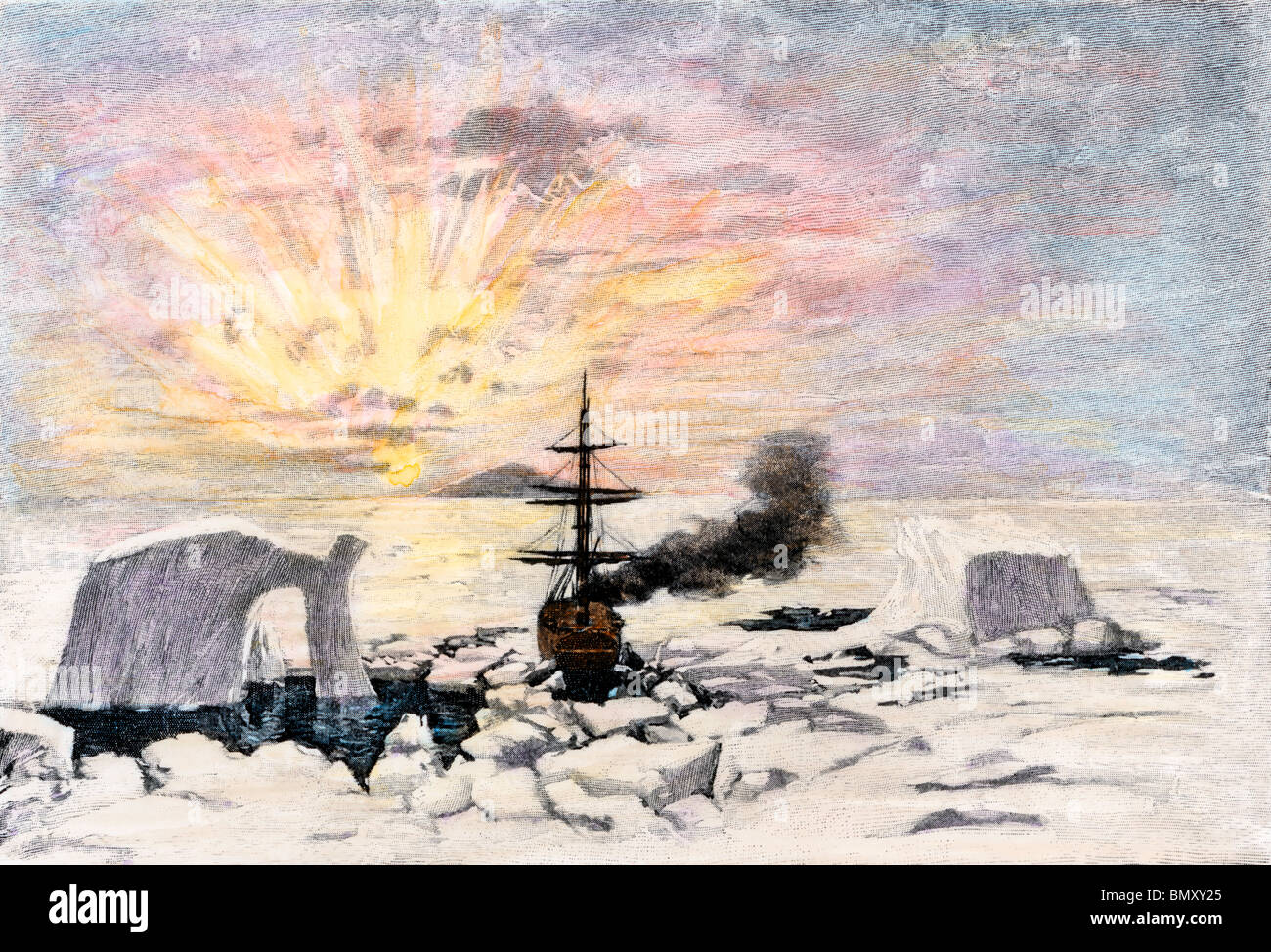 Carsten Borchgrevink's Schiff in der Mitternachtssonne am Heiligabend in der Antarktis, 1894. Hand - farbige Holzschnitt Stockfoto