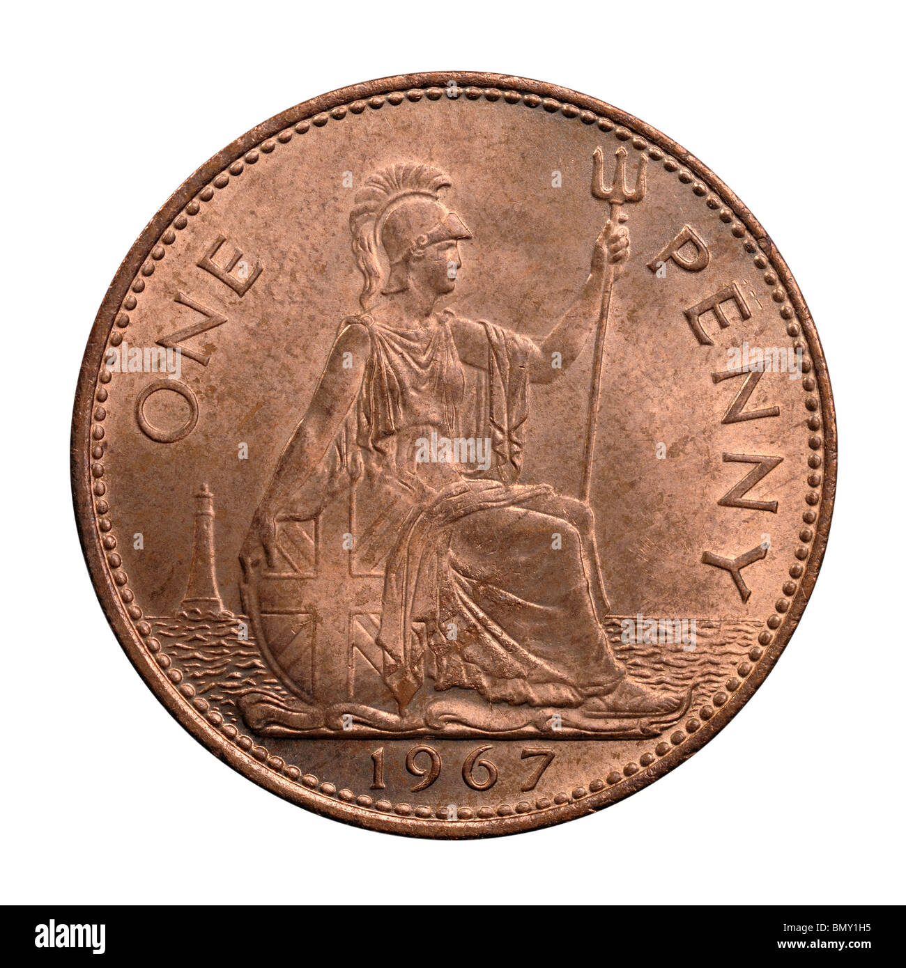 1967-UK 1 Cent-Münze Stockfoto