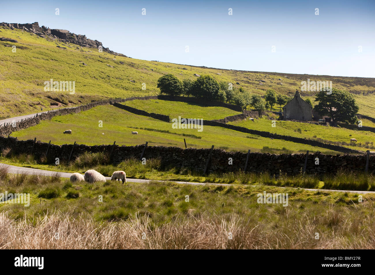 UK, Derbyshire, Peak District, Hathersage, unreifen Bank, Overstones Farm, unten Stanage Edge Stockfoto