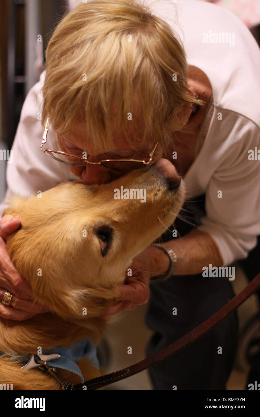 Senioren umarmen ein Therapiehund bei einem Besuch Stockfoto