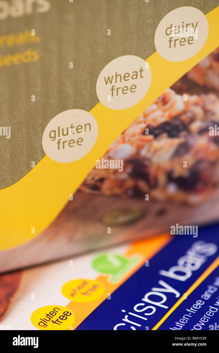Weizen frei, Glutenfrei, ohne Milchprodukte essen Paket Etikettierung Stockfoto