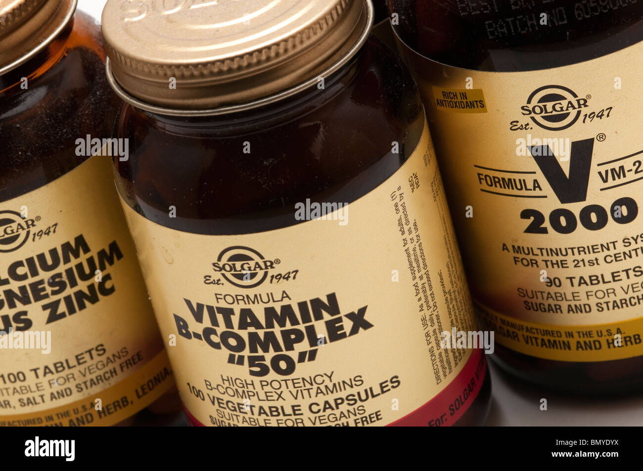 Flaschen von Vitamin-Pillen Stockfoto