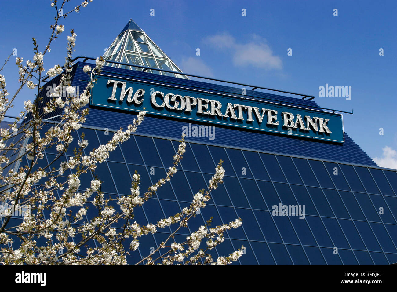 England, Cheshire, Stockport, Co-Operative Bank Pyramide im Frühjahr mit Baum in Blüte Stockfoto