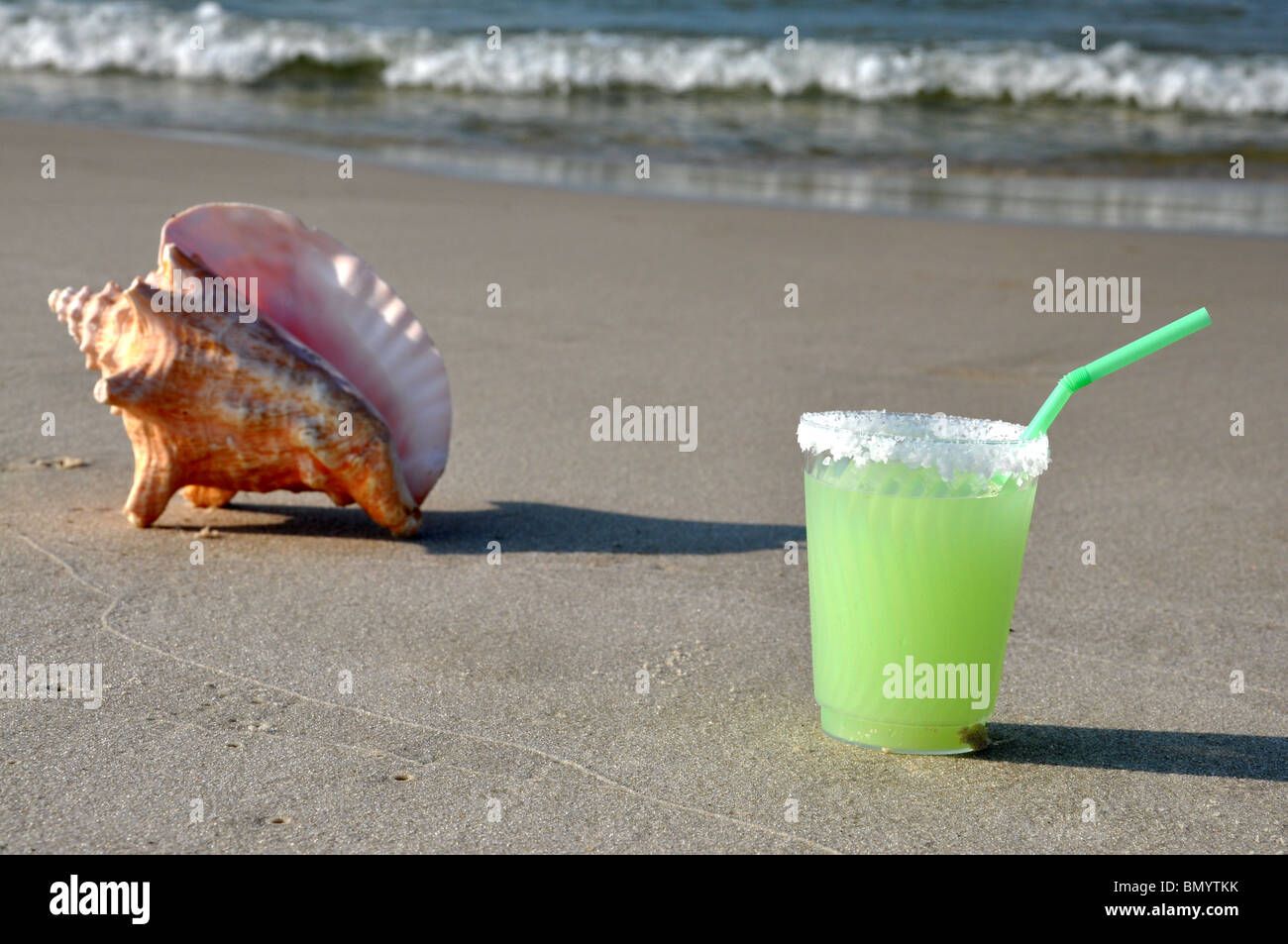 Margarita am Strand mit Muschel im Hintergrund. Stockfoto