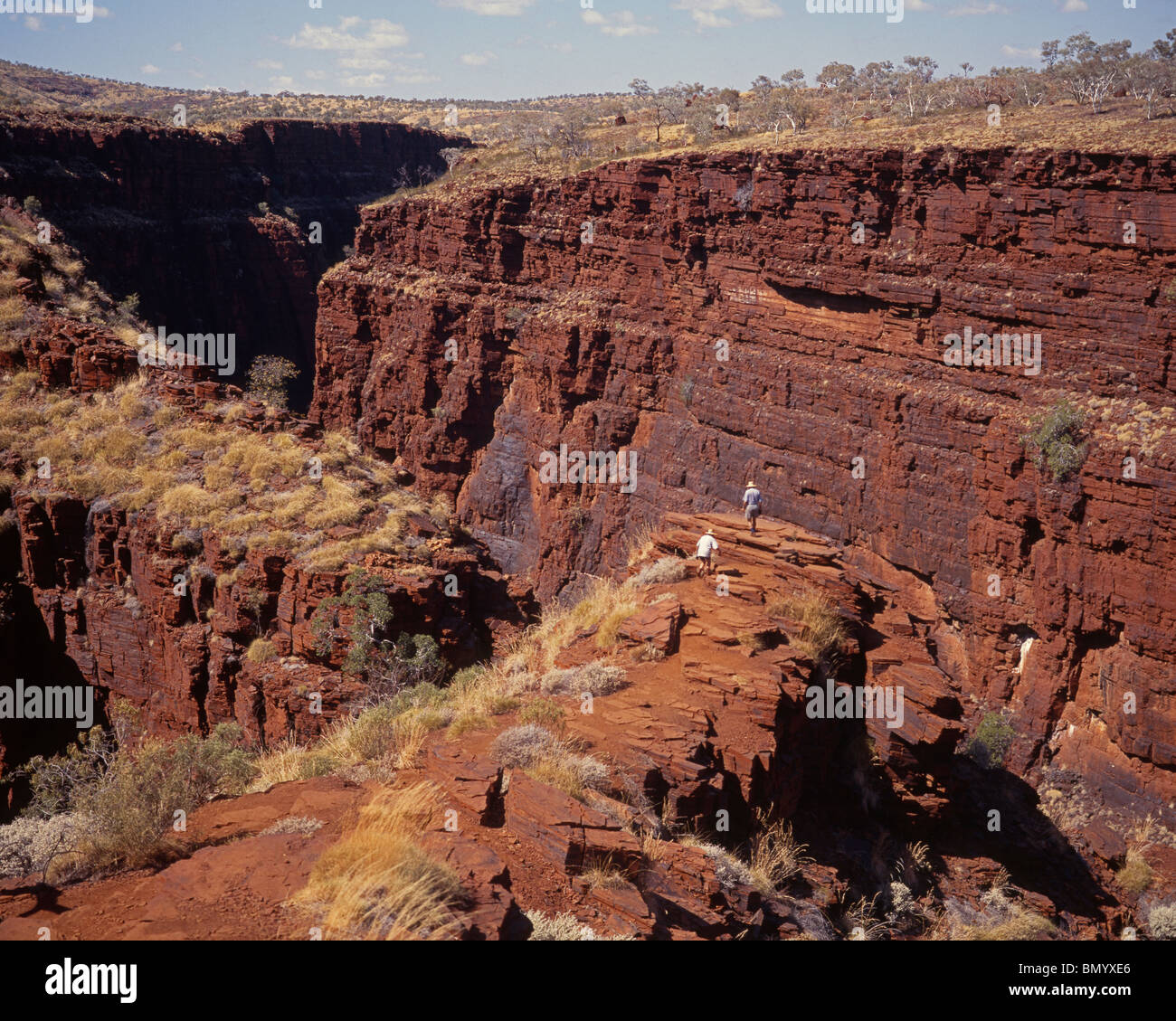 Blick über die Rock-Formationen, Hamersley Range Karijini-Nationalpark, Pilbara, Western Australia, Australien. Stockfoto