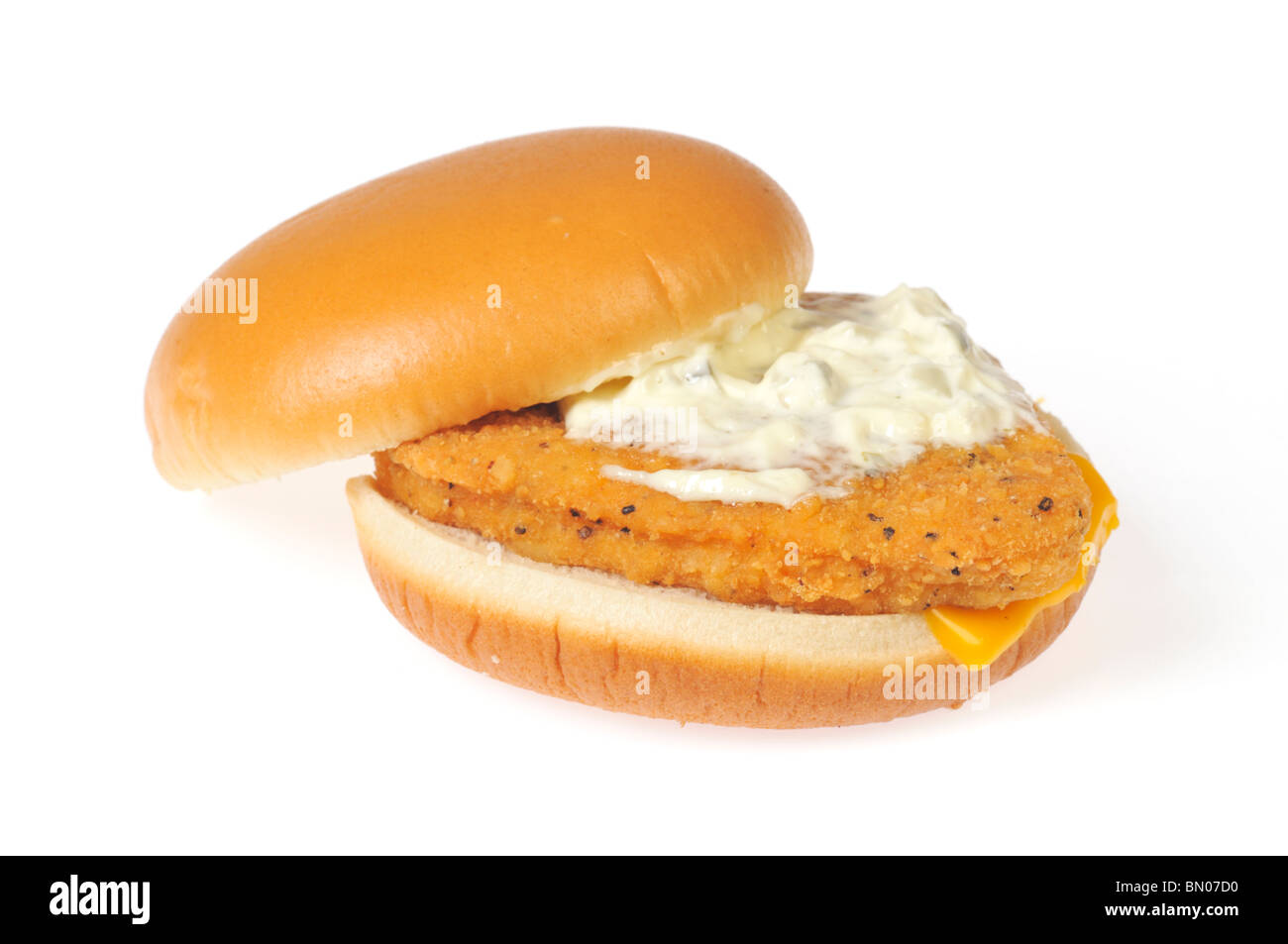 Filet vom Fisch-Sandwich auf einer offenen Brötchen mit Remoulade und Käse auf einem weißen Hintergrund Ausschnitt. Stockfoto