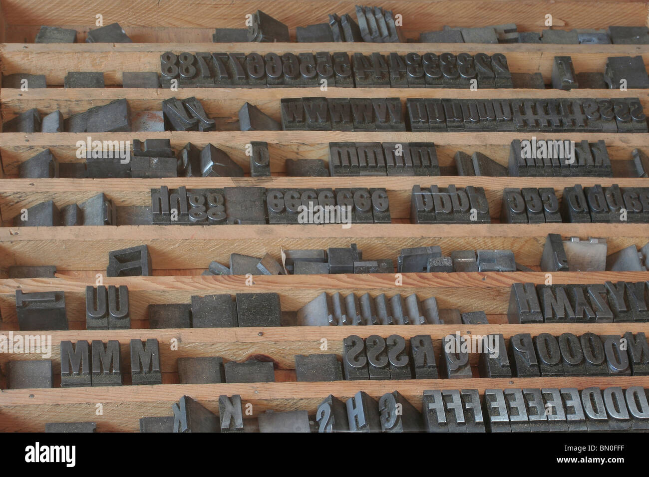 Movable Type in einer Art Schublade Stockfoto