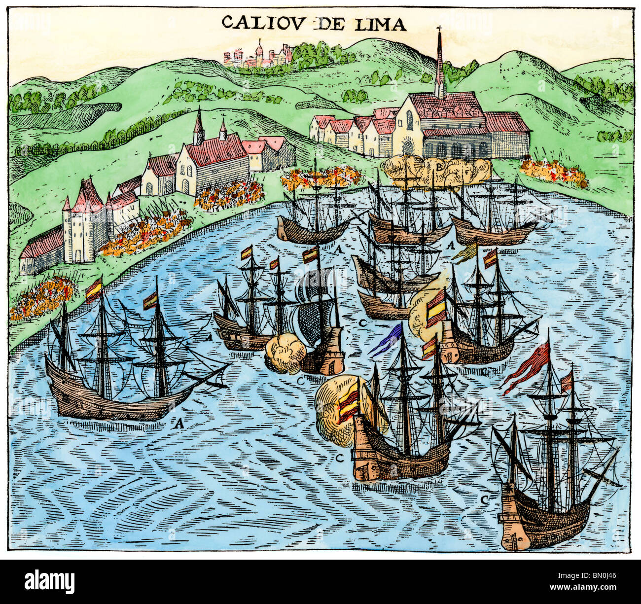 Spanischen Kolonialstil Hafen von Callao de Lima, Peru, circa 1620. Hand - farbige Holzschnitt Stockfoto