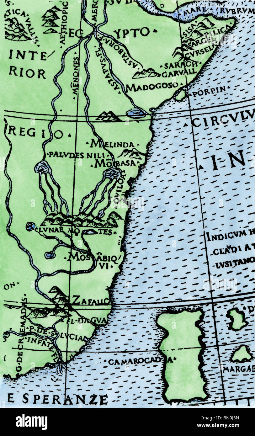 Südafrika Punkt zuerst an der richtigen Latitude gezeigt, von ruysch Map's 1508. Hand - farbige Holzschnitt Stockfoto