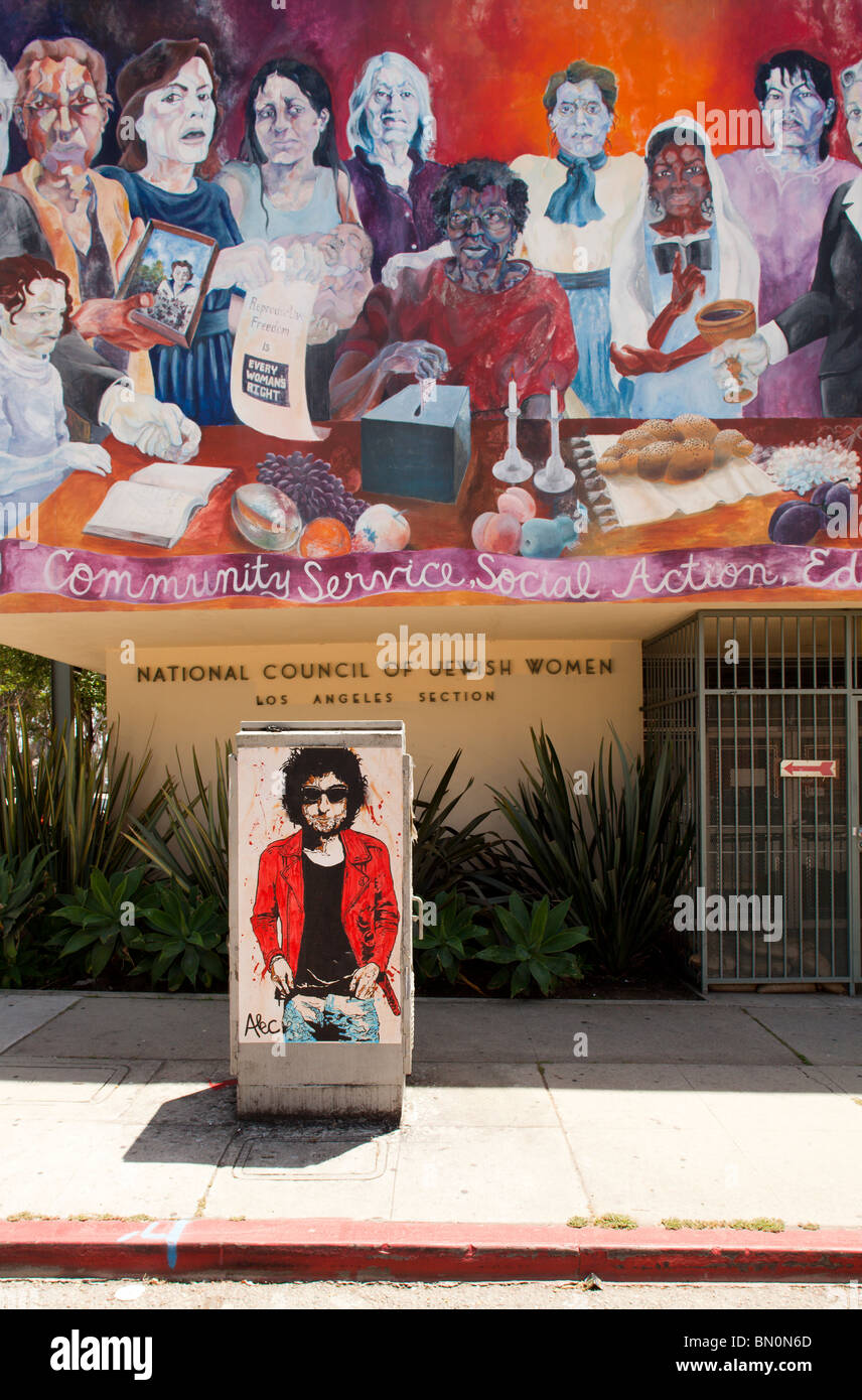 Street Art mit Bob Dylan und Wandgemälde, Los Angeles, California, Vereinigte Staaten von Amerika Stockfoto