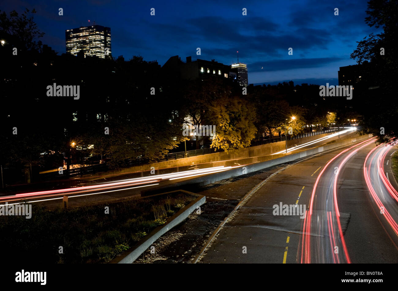 Die Innenstadt von Boston mit Bewegungsunschärfe Stockfoto