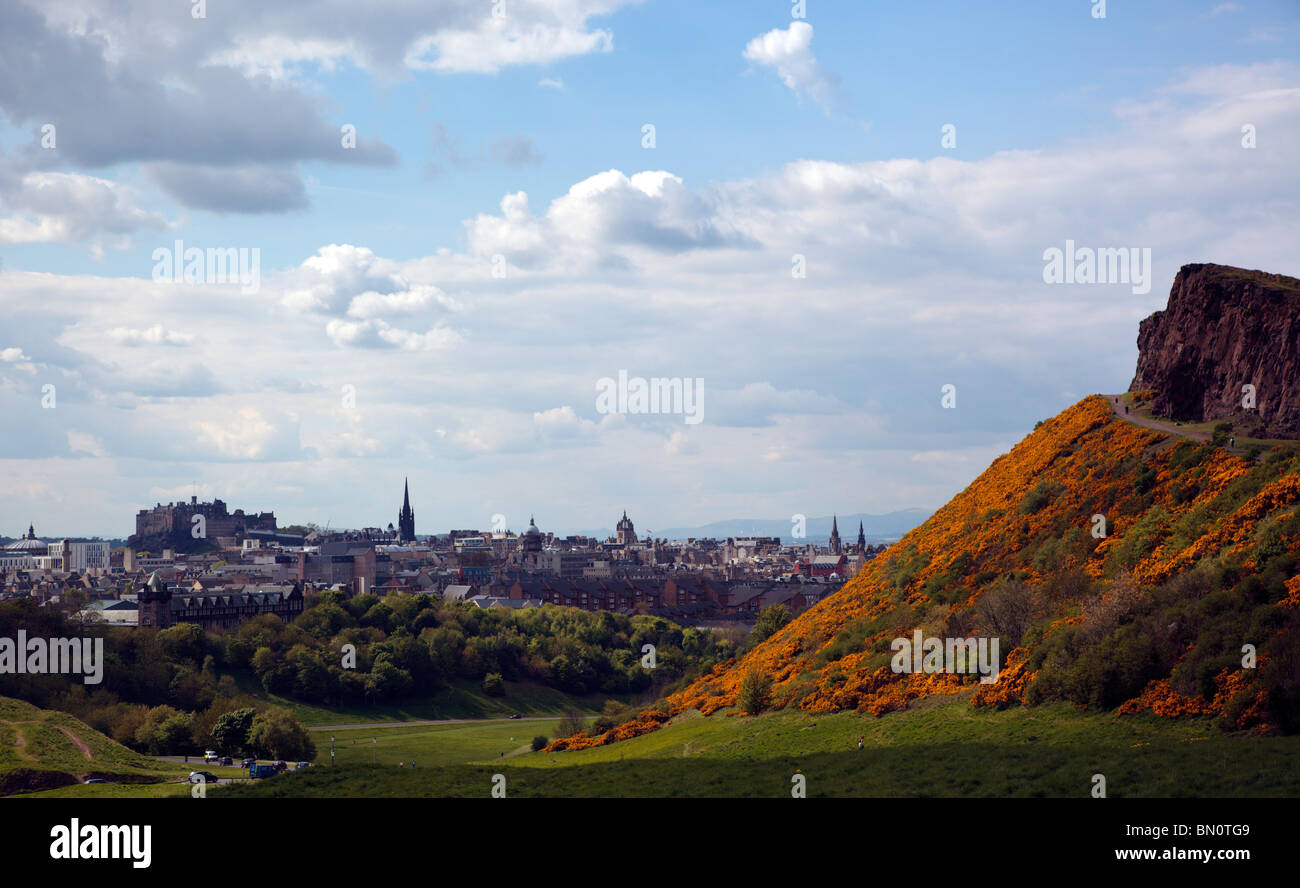 Arthurs Seat Edinburgh Schottland UK bekleidet in Ginster blühen mit Blick auf die Altstadt von Edinburgh, auf der Suche nach Norden Stockfoto
