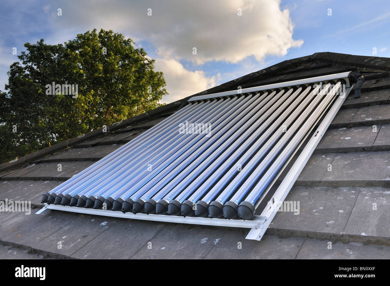 Solar Power. Vakuum/evakuiert Solarröhren auf einem heimischen Hausdach im Vereinigten Königreich Stockfoto