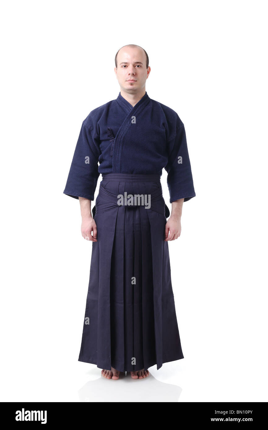 Porträt eines Kendo Kämpfer, isoliert auf weiss Stockfoto