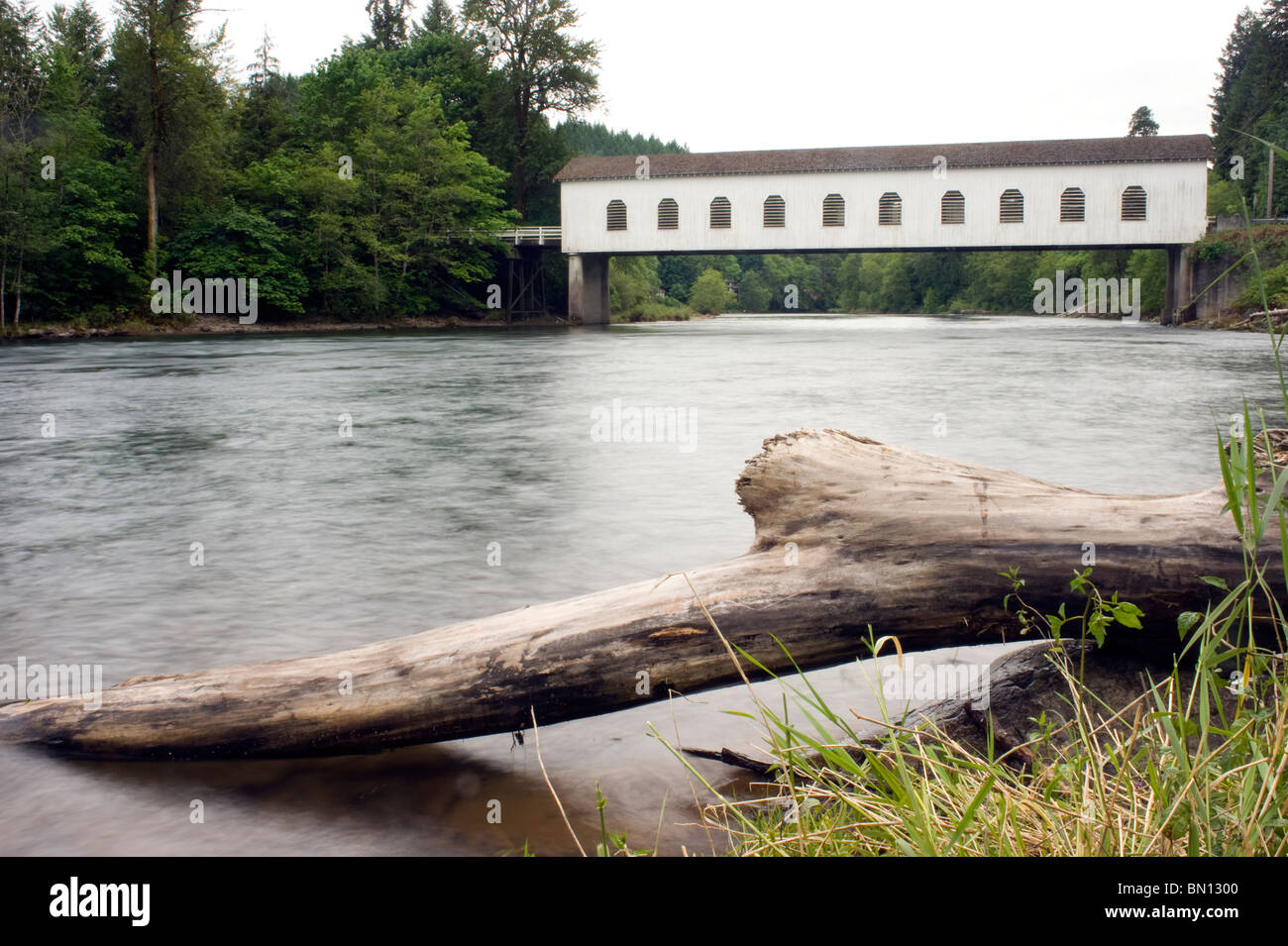 Überdachte Brücke und melden Sie sich über die McKenzie River Oregon State-Nordamerika Stockfoto