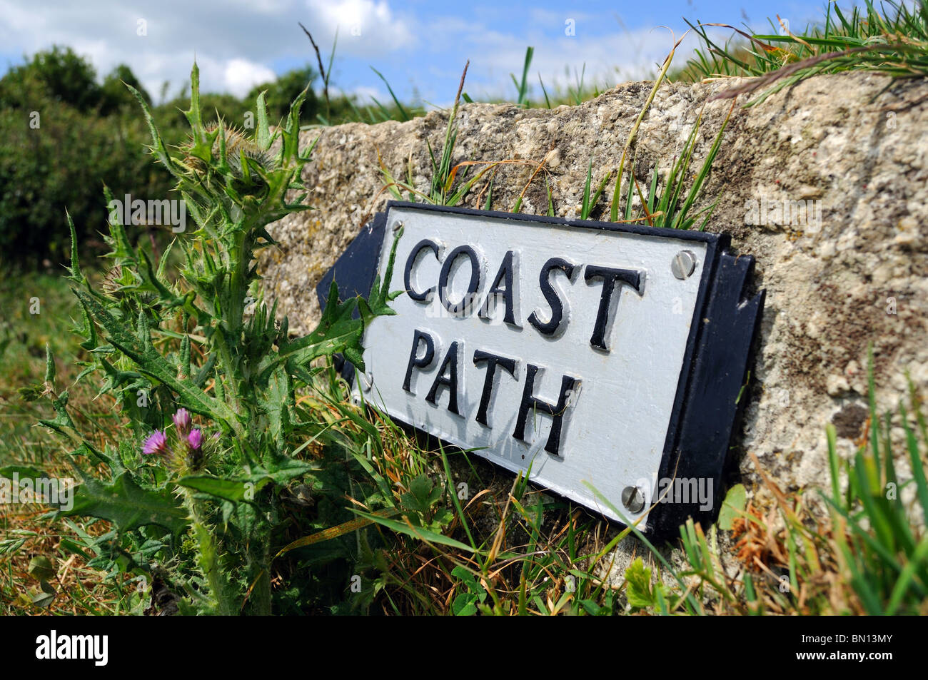 eine Küste Weg Zeichen in der Nähe von Helford in Cornwall, Großbritannien Stockfoto