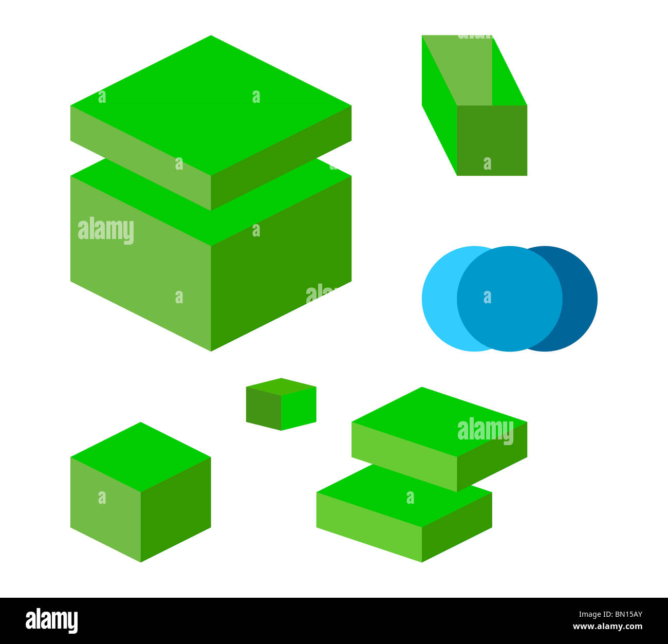 Reihe von grünen drei dimensionale Business Symbole oder Elemente isoliert auf weißem Hintergrund. Stockfoto