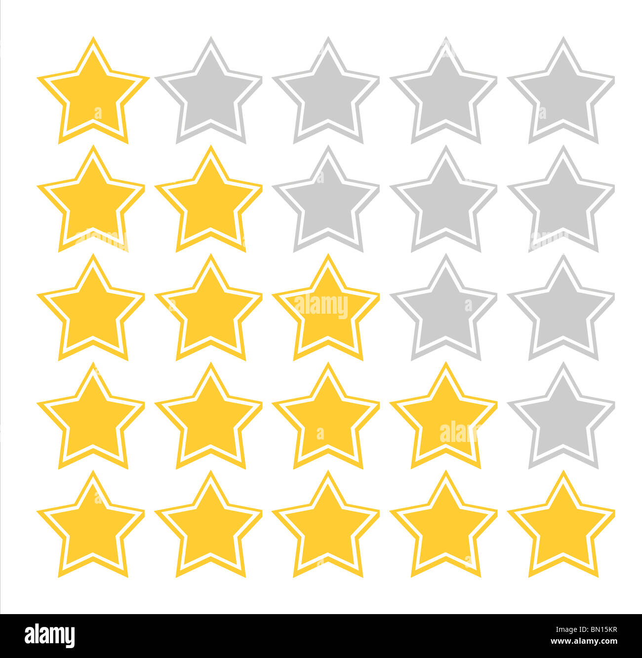 Darstellung der fünf-Sterne-Qualität-Bewertungsschema, isoliert auf weißem Hintergrund. Stockfoto