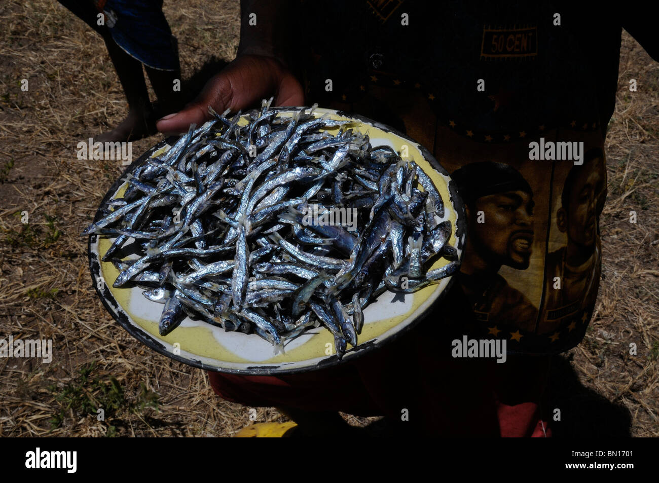 Ein Fischhändler hält Teller mit Usipa (Engraulicypris Sardella) eine kleine Sardine wie Fische, die Malawier Essen, gerne getrocknet oder geräuchert in einem Fischerdorf in Malawi-Afrika Stockfoto