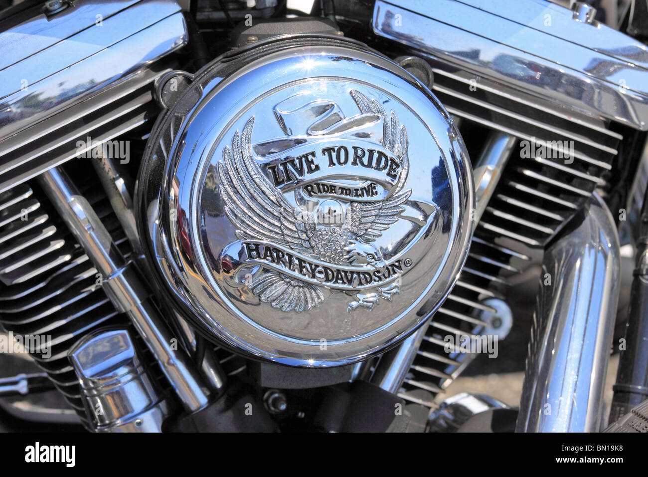 Nahaufnahme von Harley Davidson Motorrad-Motor Stockfoto