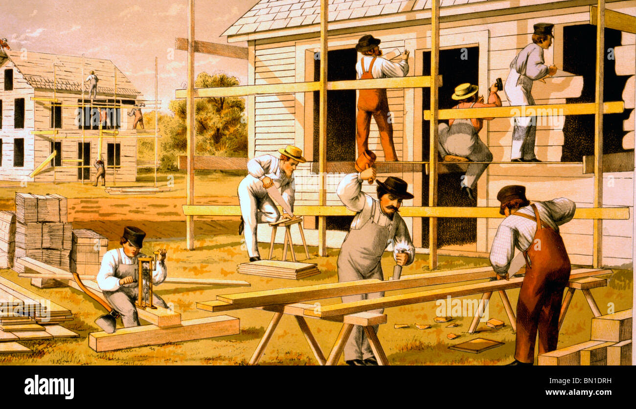 Prang der Beihilfen für Objekt Lehre--Tischler - Männer, die zwei Häuser, ca. 1874 Stockfoto