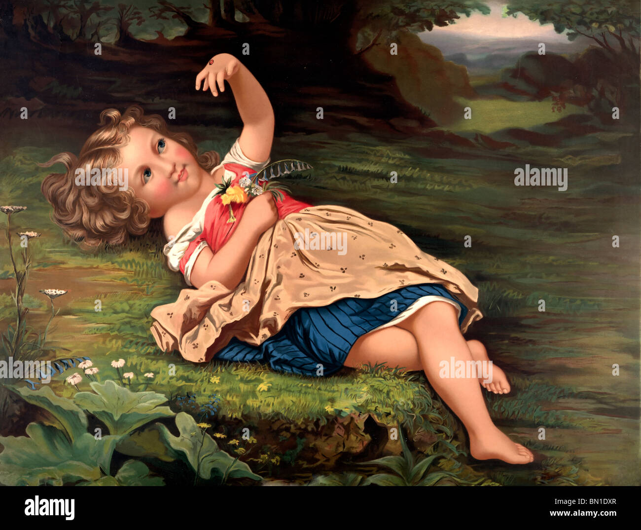 Marienkäfer, Marienkäfer, wegfliegen! Junges Mädchen auf Boden liegend mit Marienkäfer auf ihrer Hand - 1872 Malerei Stockfoto