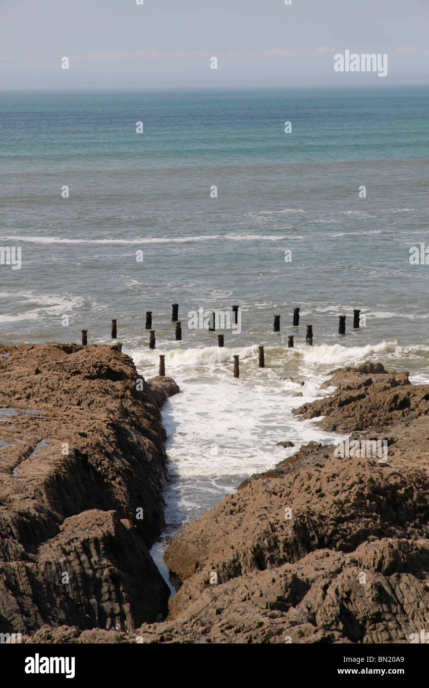 Westward Ho! Nord-Devon, bleibt der viktorianischen Pier unterstützt im Meer auf North Devon Küste sichtbar. Stockfoto