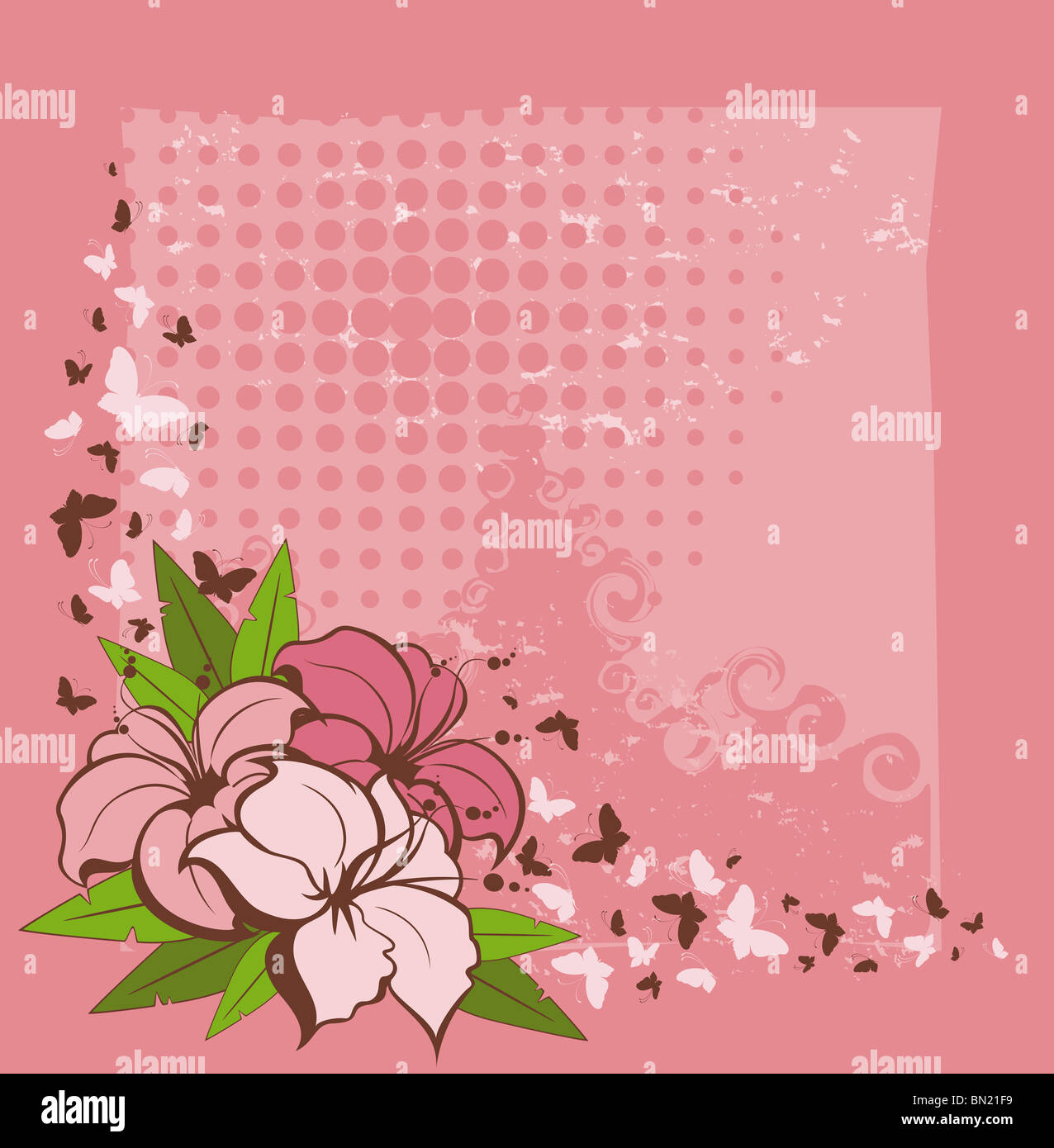 Grunge Hintergrund mit tropischen Blumen und Schmetterling Stockfoto