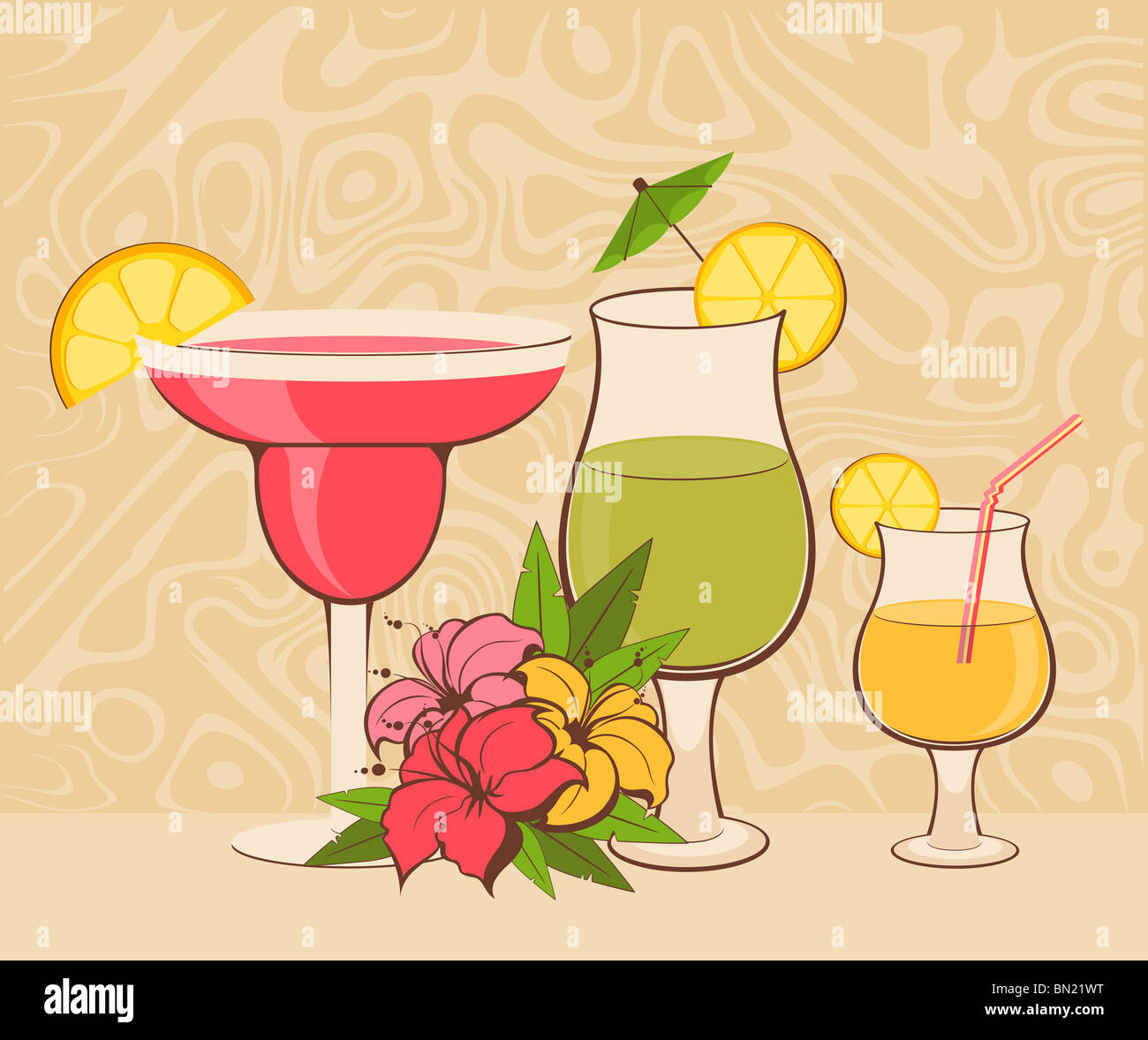 Grunge Hintergrund mit tropischen Blumen und cocktail Stockfoto