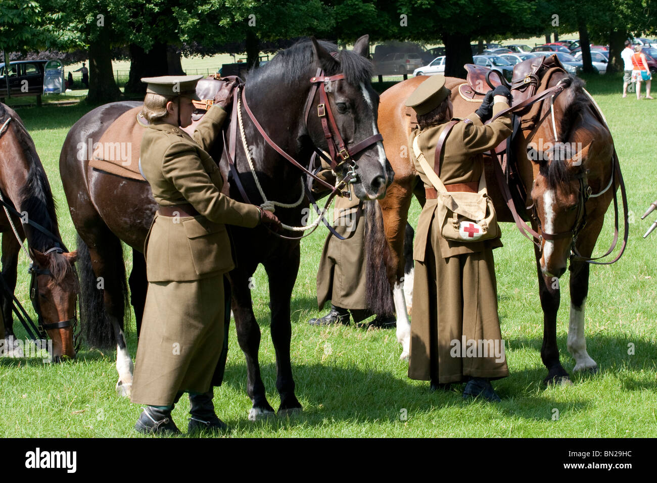 Weibliche erste-Hilfe-Soldaten im 2. Weltkrieg Uniformen stehen als nächstes dort Pferde Stockfoto