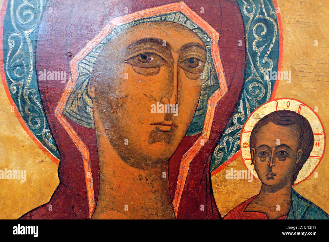 Heilige Jungfrau Hodegetria (von Smolensk), Anfang des 16. Jahrhunderts, Russische Ikone, Cherepovets Museum, Region Wologda, Russland Stockfoto