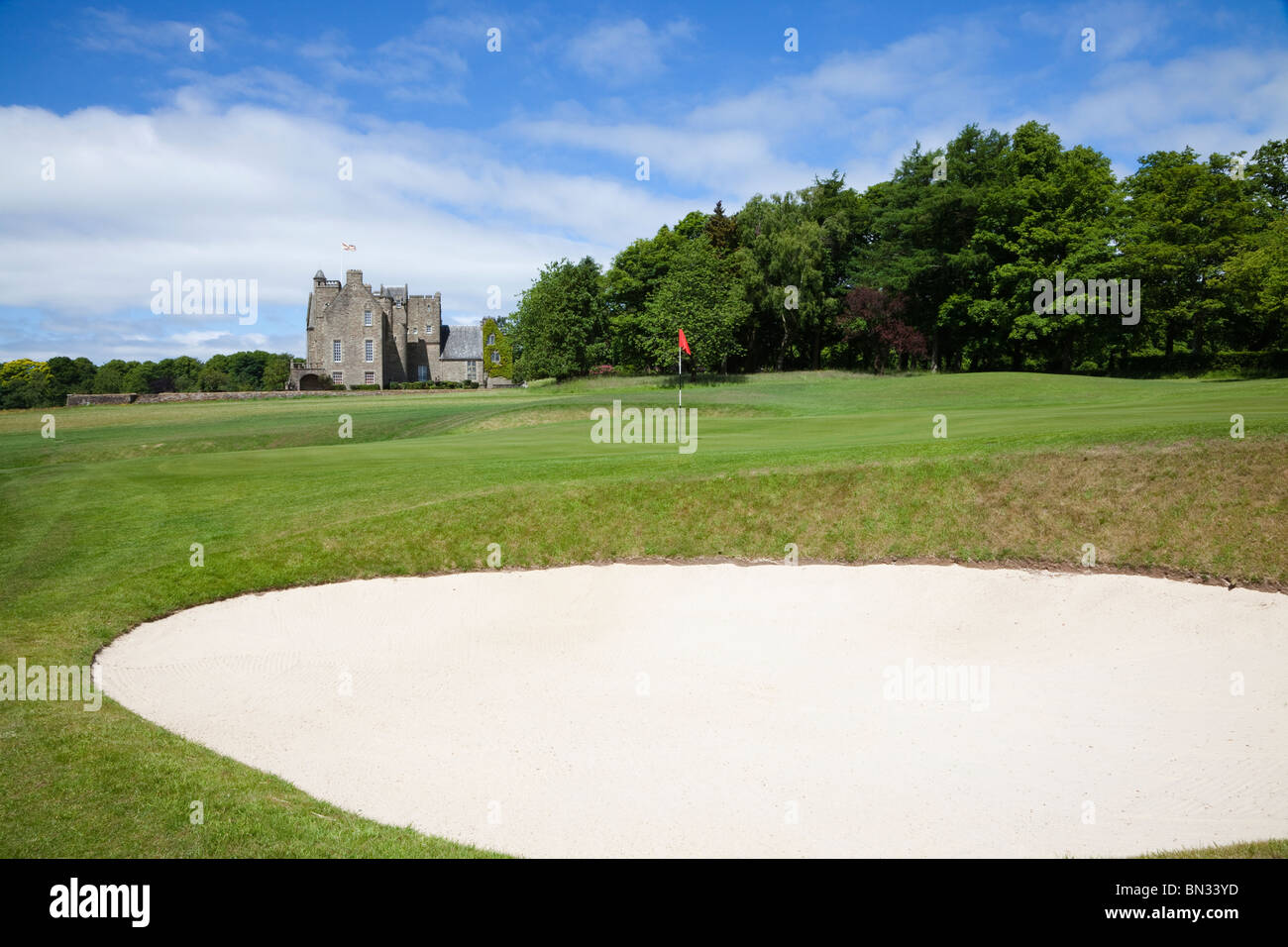 Rowallan Castle, Golfclub in der Nähe von Kilmaurs, Ayrshire, Schottland. Blick auf 19. Grün. Kurs von Colin Montgomery. Stockfoto