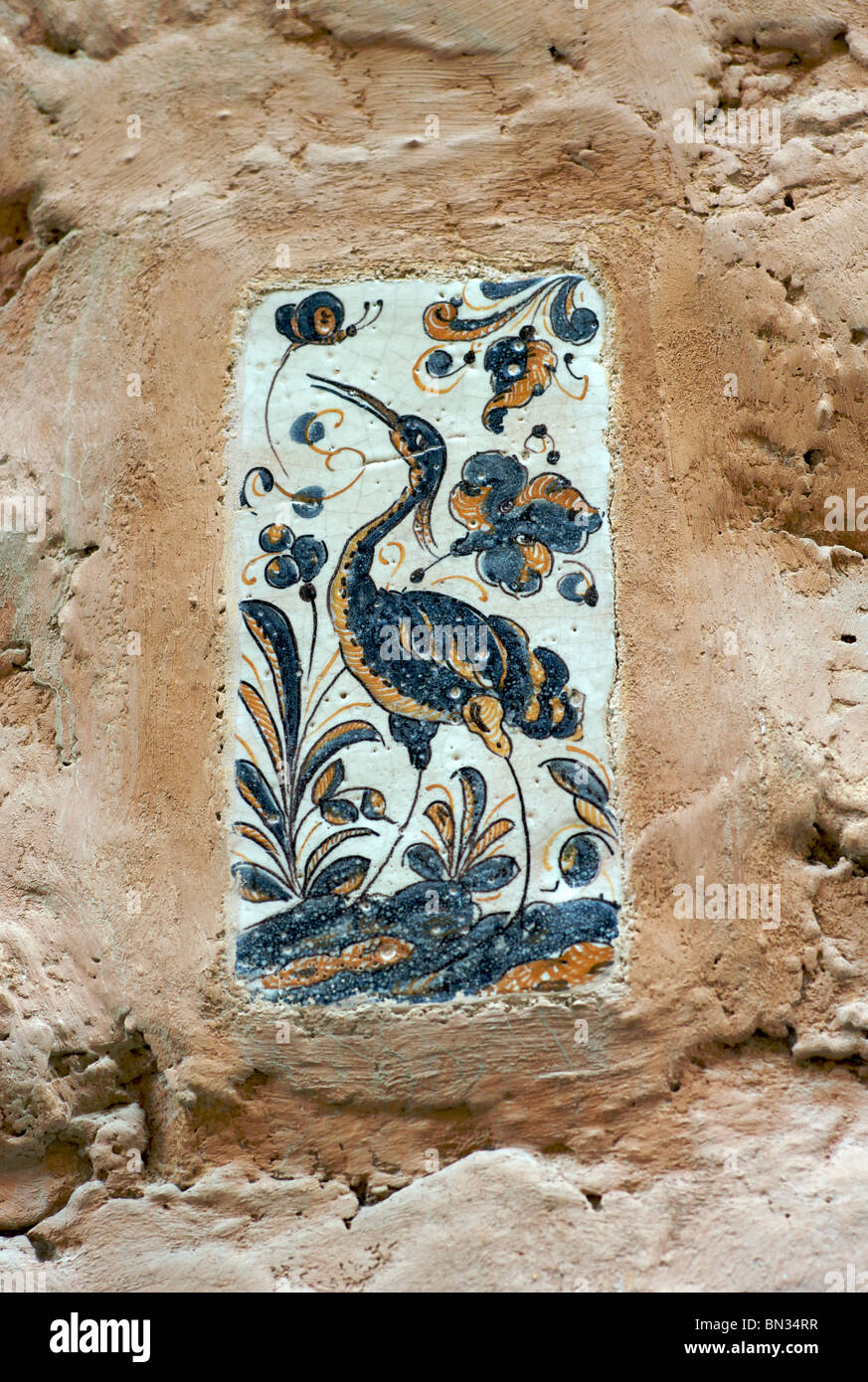 Storch Motiv Fliesen auf ein Gebäude, Spanien Stockfoto
