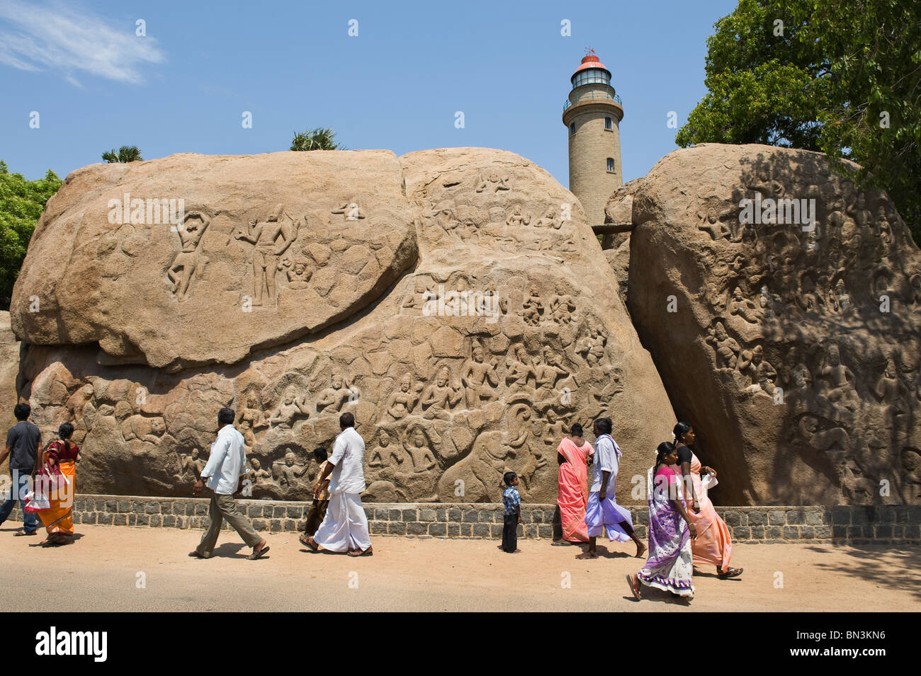Indien-Tamil Nadu Mamallapuram Bas-lindert in der Olakkanatha-Tempel-Zone Stockfoto