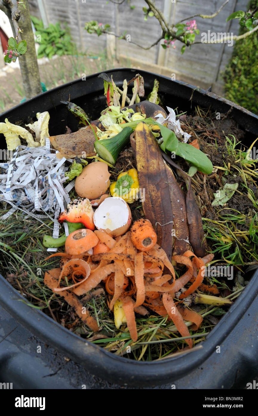 Kompost in einem Garten mit Küchenabfällen. Stockfoto