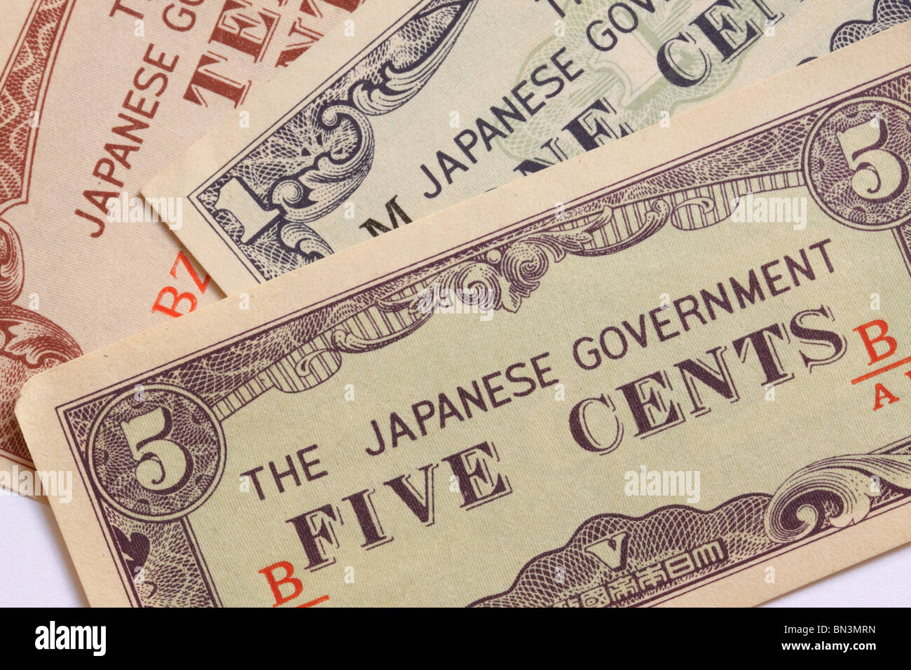 Japanische Regierung 5 fünf Cent Cent Dollar Banknote Währung ausgestellt im 2. Weltkrieg besetzten Südostasiens Stockfoto