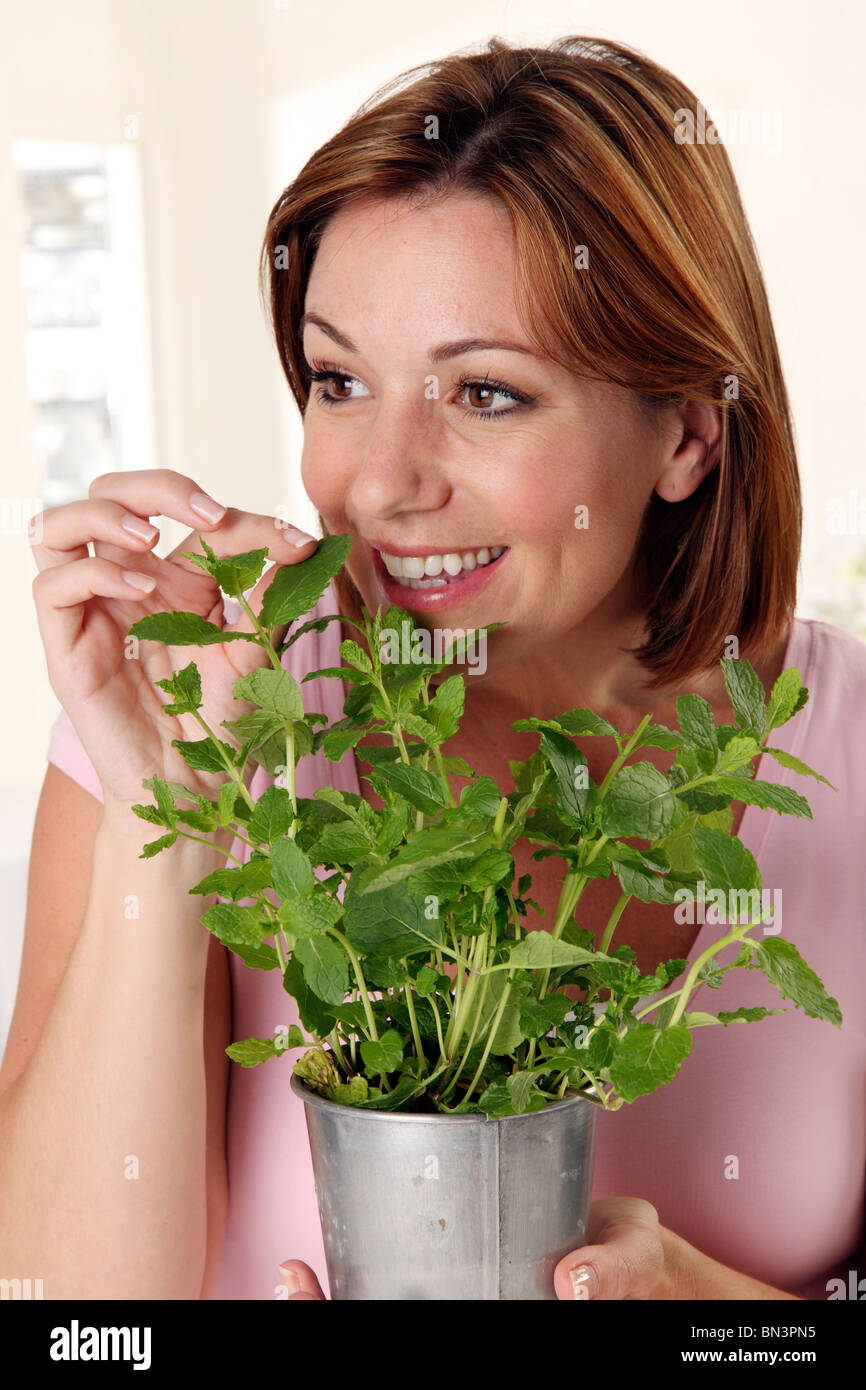 FRAU MIT MINZE PFLANZE Stockfoto