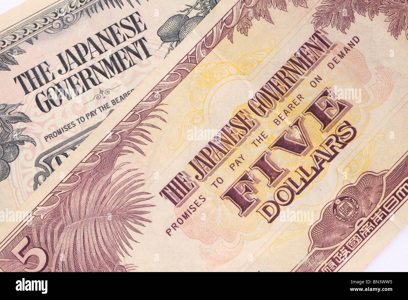 Japanische Regierung ausgestellten 5 fünf-Dollar-Banknote Währung während des 2. Weltkrieges im besetzten in Südostasien Stockfoto