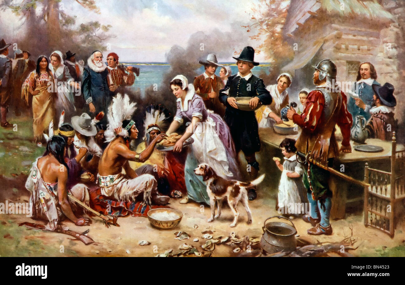 Die ersten Thanksgiving-1621 - Pilger und einheimischen versammeln, um Mahl Stockfoto