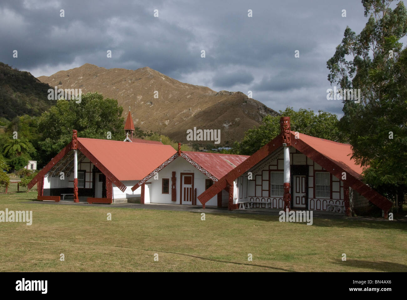 Maori Meeting Häuser, Koriniti Marae, Wanganui River, North Island, Neuseeland Stockfoto