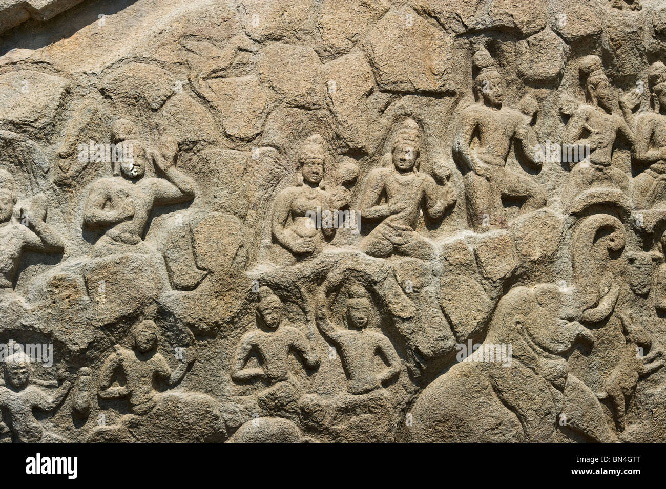 Indien-Tamil Nadu Mamallapuram ein Detail ein Basrelief in der Nähe der Mahishasuramardini-Höhle-Tempel Stockfoto