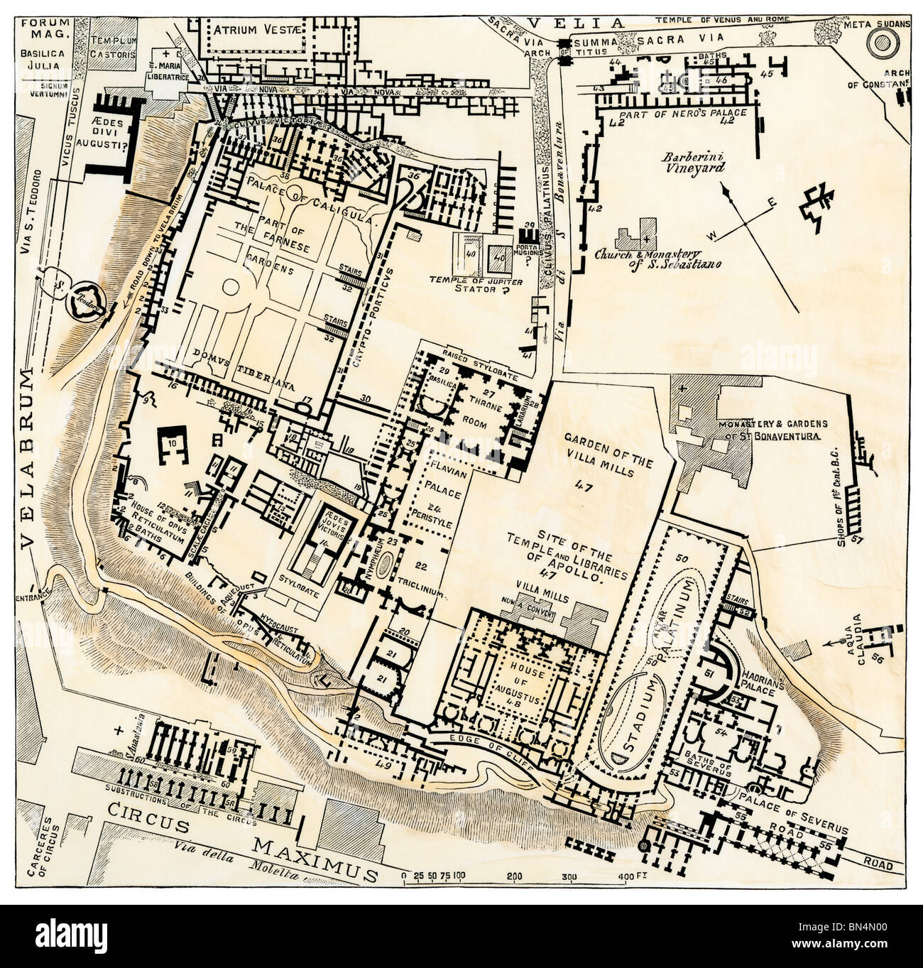 Karte von Palatin, Zentrum des antiken Roms. Lithographie Stockfoto