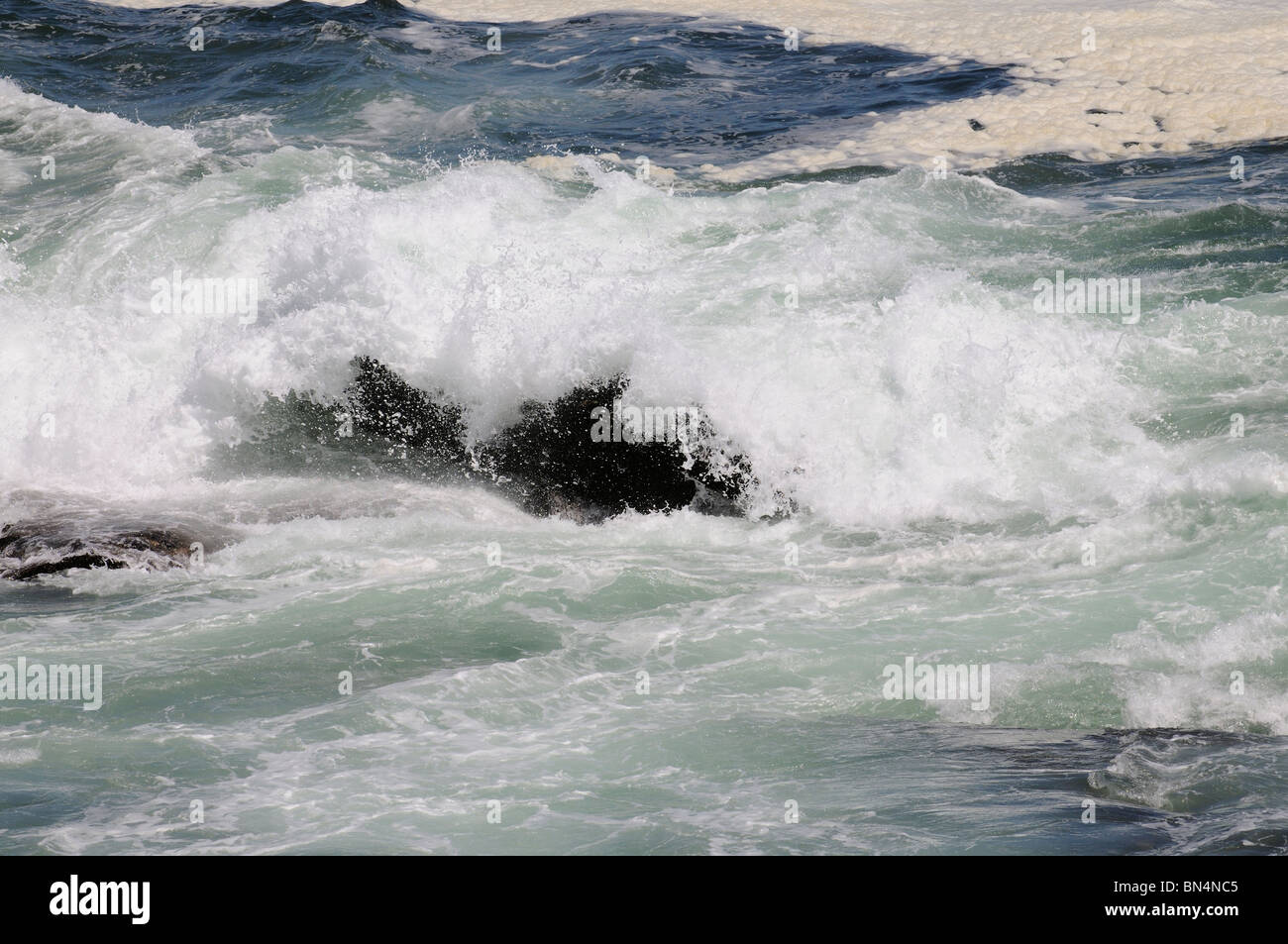 Atlantischen Ozean mit Wellen, die über schwarzen Felsen Hermanus western Cape Südafrika Stockfoto