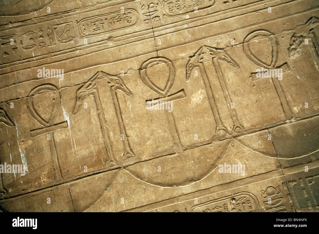 Hieroglyphen und Bas Relief geschnitzt Bilder von Ankh, Edfu Tempel, Ägypten Stockfoto