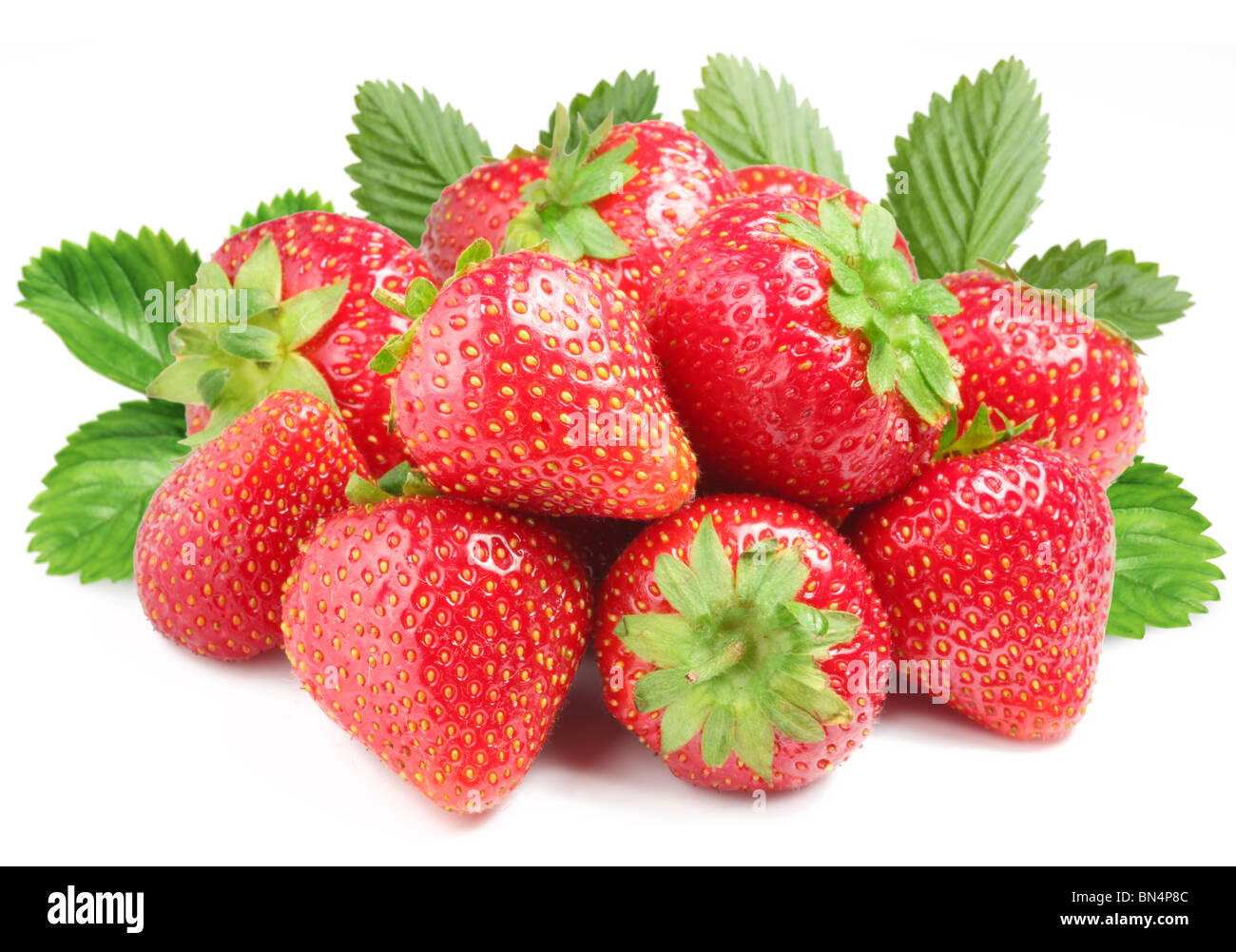 Gruppe von leckeren Erdbeeren mit Blättern auf Rückseite. Stockfoto