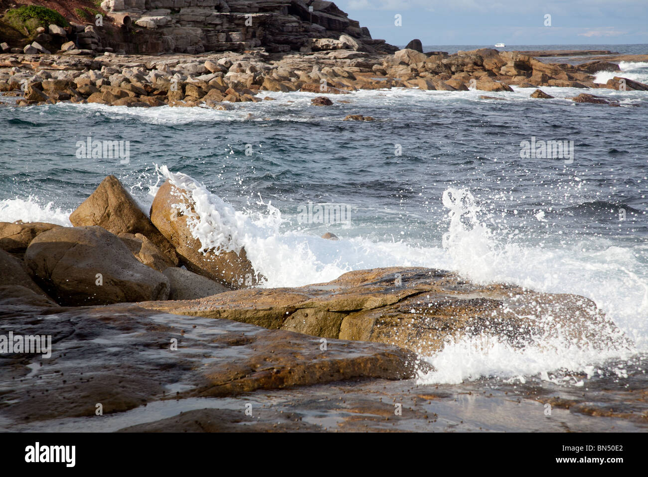 Wellen, die an einem steinigen Strand in Sydney, Australien Stockfoto