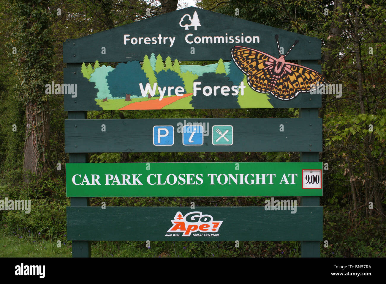 Wyre Forest Forstwirtschaft Kommission Zeichen, Worcestershire, UK Stockfoto