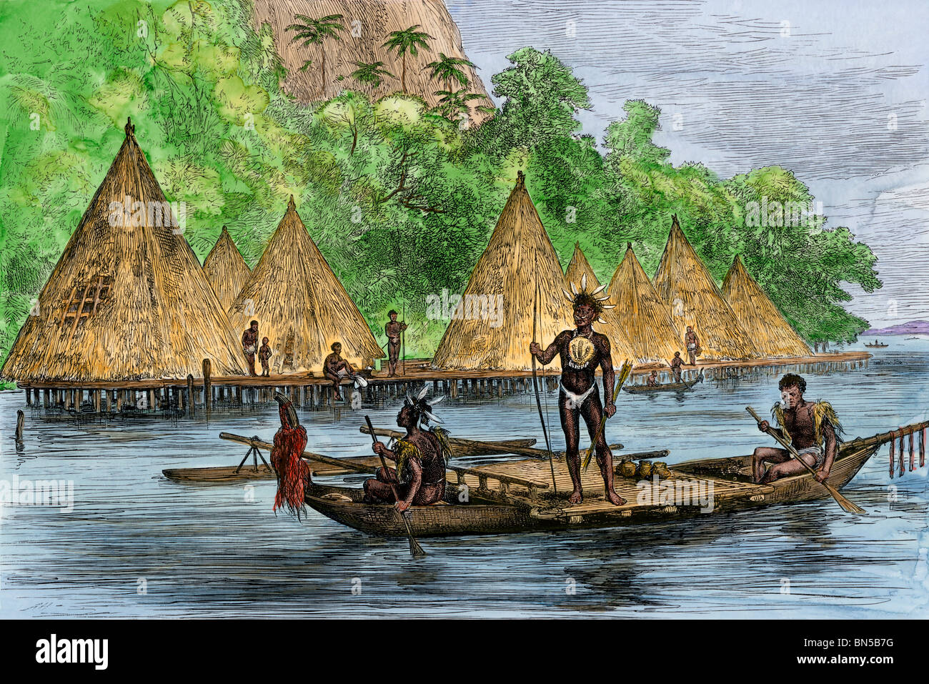 Native Village auf Humboldt Bay, Papua Neu Guinea, 1800. Hand - farbige Holzschnitt Stockfoto